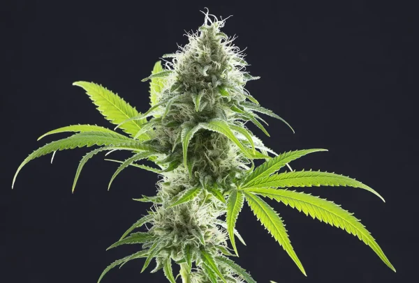 Tall bud of Kama Kush CBD with slender, bright green leaves and fluffy, resinous flowers.