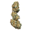 Close-up of dried buds from the Wedding Cake Strain, highlighting its resin-rich texture and intricate detailing.