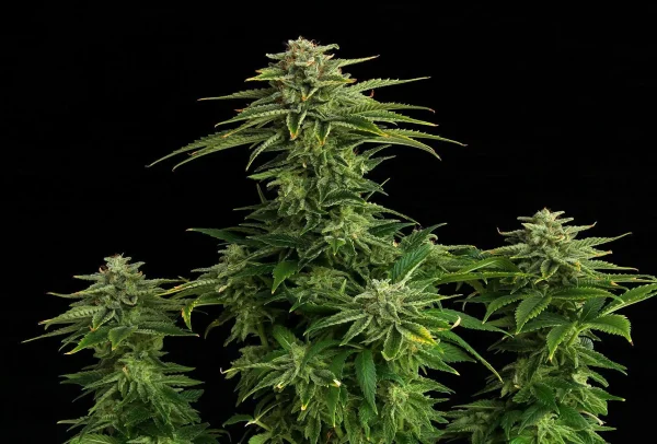Zkit Kandy Dream plant with dense, trichome-rich buds and serrated green leaves, showing its compact structure