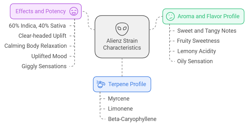 Infographic detailing Alienz strain characteristics, including effects, aroma, flavor profile, and terpene content, with icons for visual context