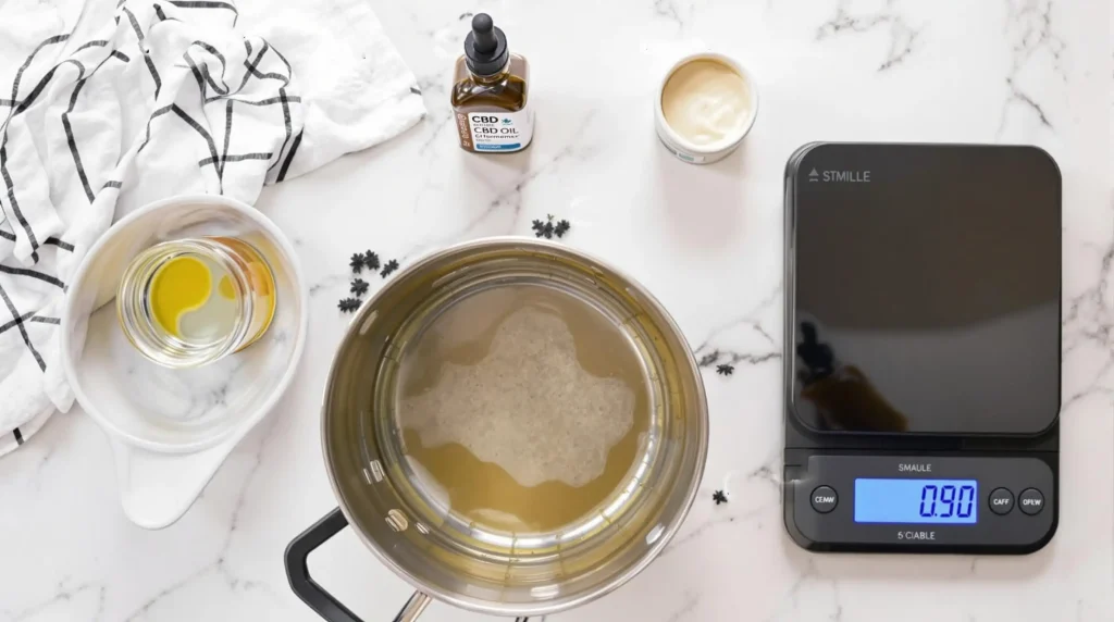 Overhead view of CBD cream recipe steps, showing melted oils, CBD oil, beeswax, and measuring tools on a clean kitchen countertop.