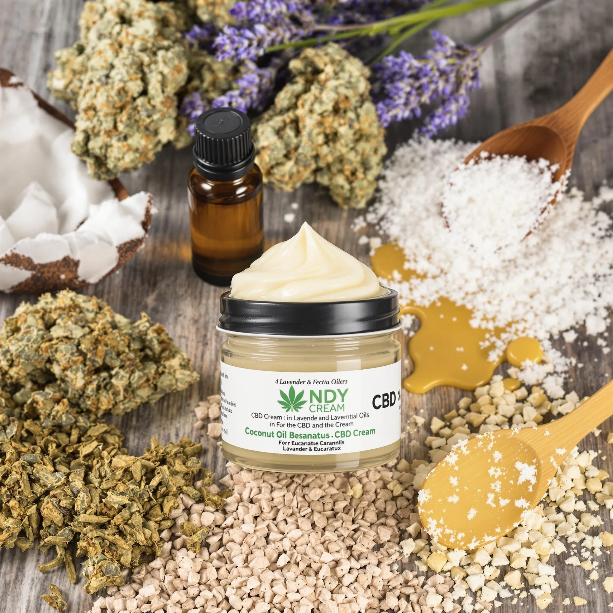 Homemade CBD cream in a glass jar with natural ingredients like coconut oil, beeswax, and CBD-rich cannabis buds for natural relief.