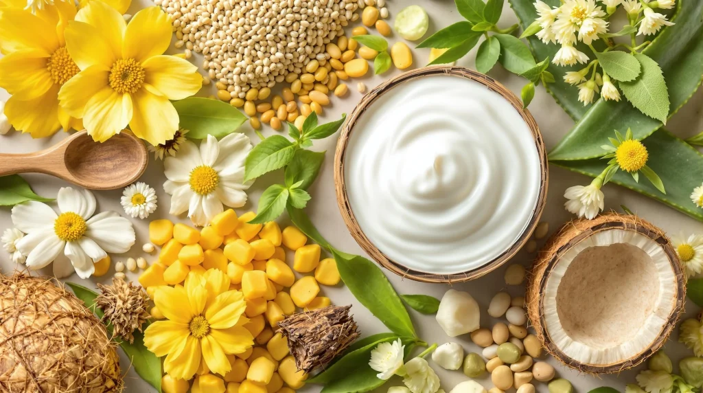 Natural ingredients: aloe vera, chamomile flowers, hazelnuts, and open coconuts, showing natural purity of CBD cream.