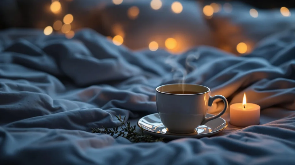 Relaxing nighttime setup with a cup of herbal tea and candlelight, creating a calming environment for enhanced sleep and dreams.