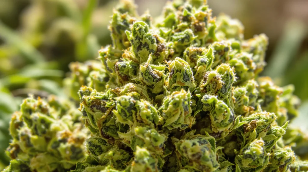 Close-up of fresh, green CBD buds with visible trichomes, highlighting the plant’s natural qualities for relaxation and better sleep