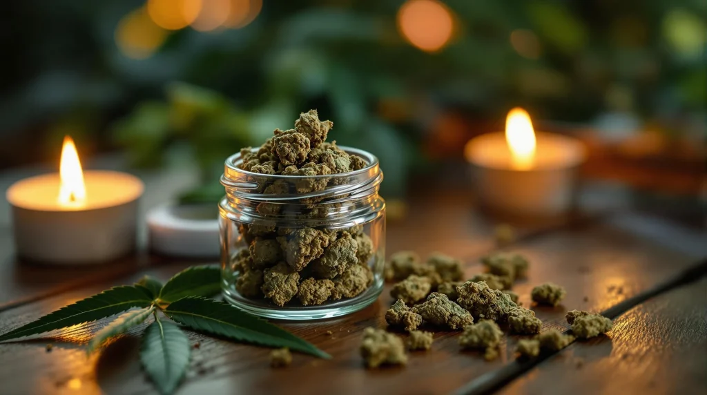 Tranquil setting with CBD-rich cannabis buds in a glass jar, soft candlelight, and wooden table, evoking the soothing effects of CBD euphoria.