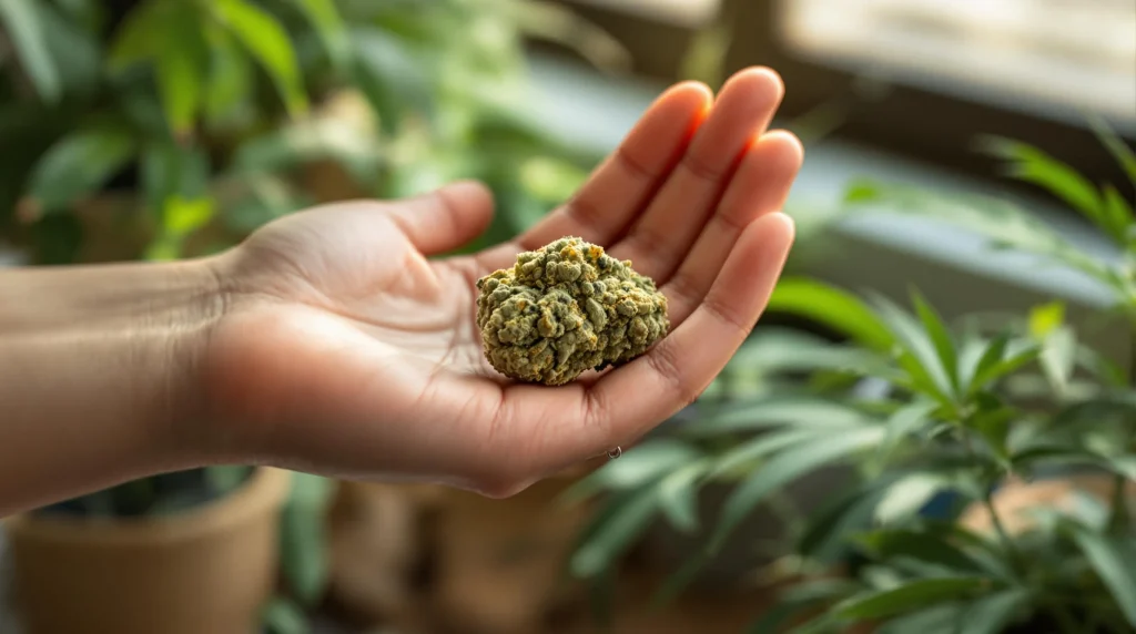 Hand holding a CBD cannabis bud with indoor greenery, creating a peaceful, natural atmosphere that highlights the relaxing CBD euphoria.