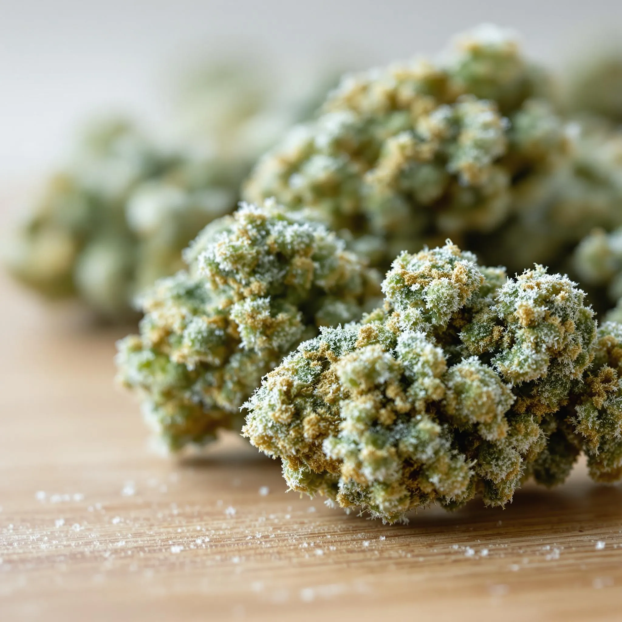 Close-up of CBD-rich cannabis buds with trichomes on a wooden surface, capturing the calming green hues associated with CBD euphoria.