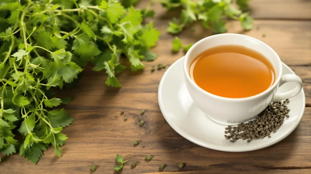 A serene home setting with a cup of herbal tea and fresh herbs on a wooden table, evoking a sense of relaxation and wellness