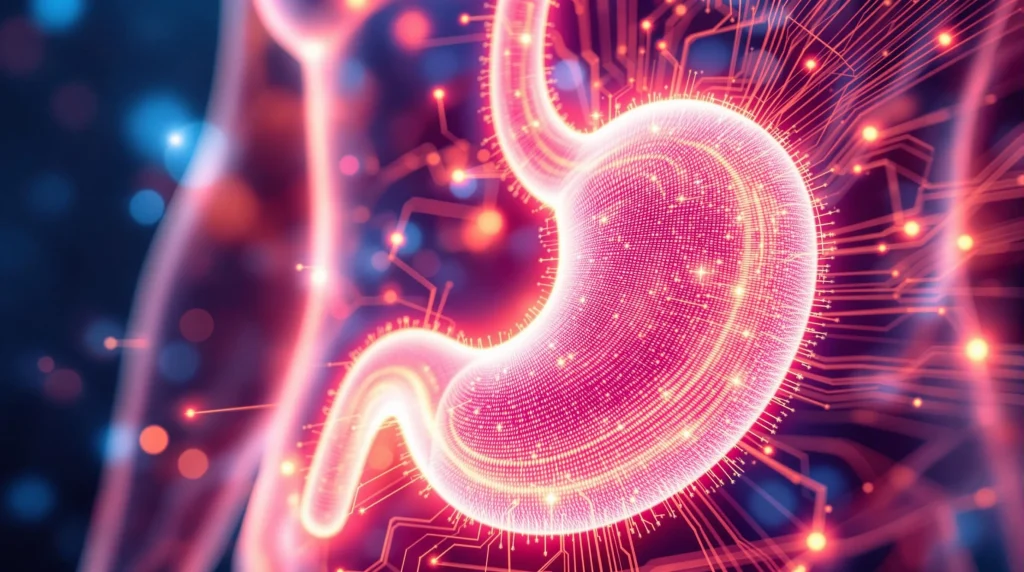 An artistic close-up of a healthy stomach diagram overlaid with soft, glowing lines, representing relief and improved gut health through natural solutions.