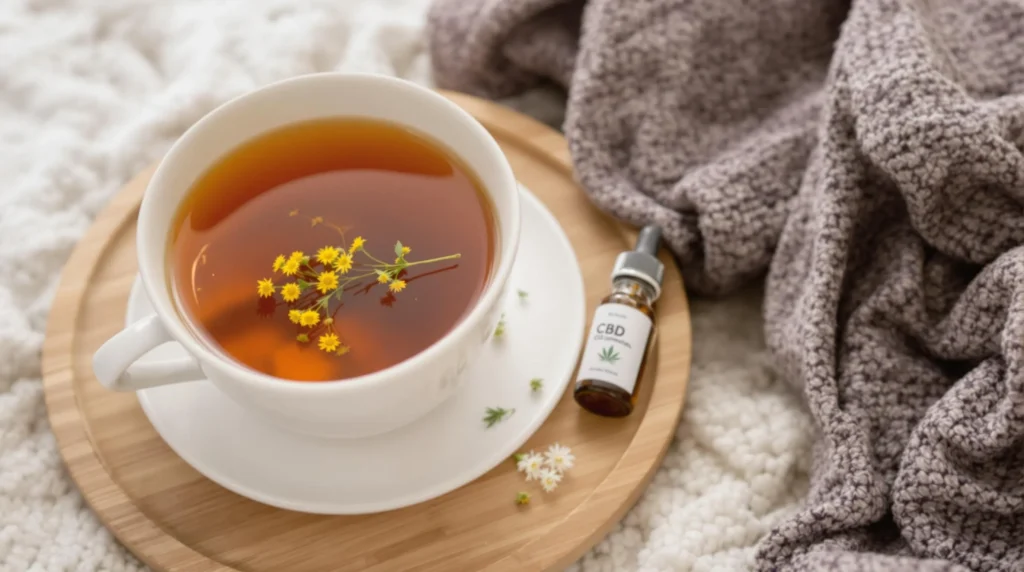 Cup of tea with yellow flowers, CBD for cold and flu oil on a tray, and a cozy blanket, offering warmth and natural relief during illness.