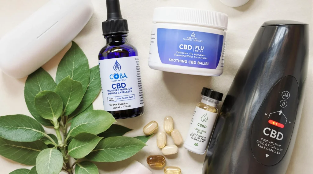 CBD for cold and flu relief products: capsules, tincture, and balm with eucalyptus, suggesting a natural approach to symptom relief.