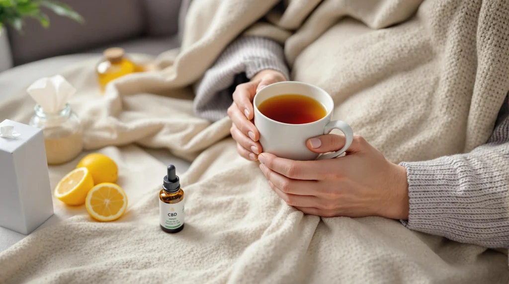 Person with tea, lemon, honey, and CBD for cold and flu oil, wrapped in a cozy blanket, highlighting comfort and natural relief.