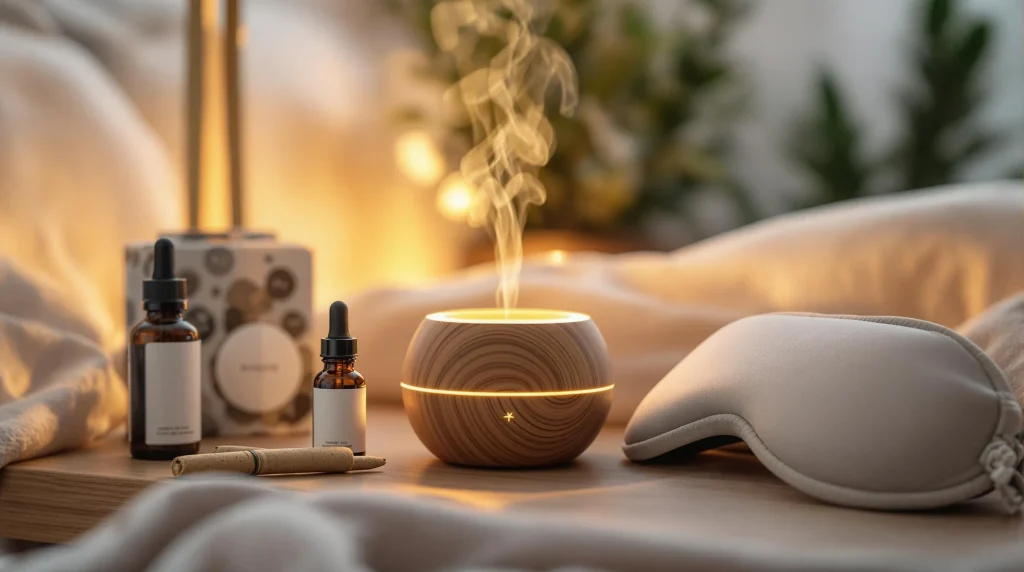 Vapor diffuser with CBD for cold and flu oils and sleep mask in a calming setting, evoking relaxation and restful recovery.