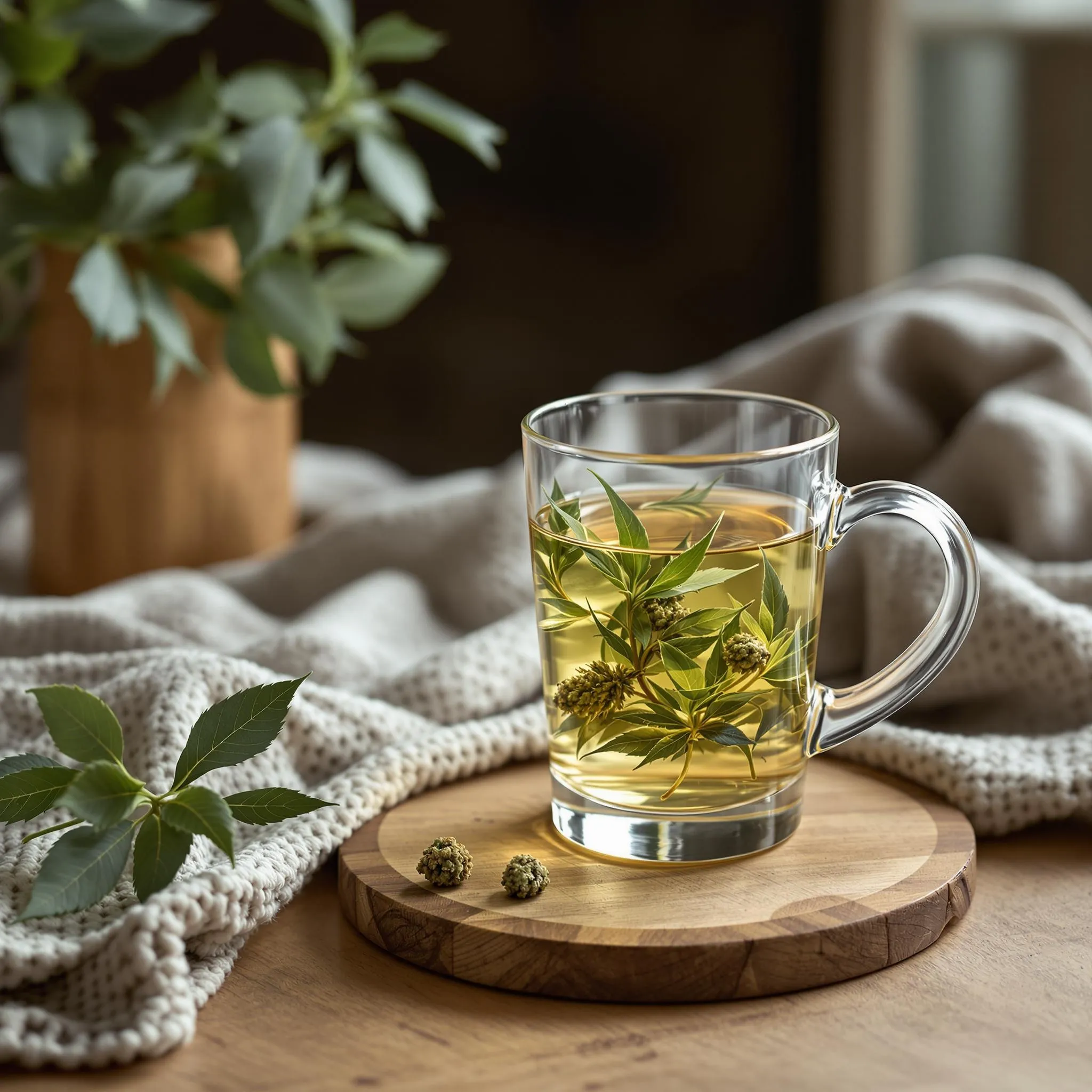 Tea with leaves and flowers, cannabis buds on a wooden table, promoting a natural approach to CBD for cold and flu relief.