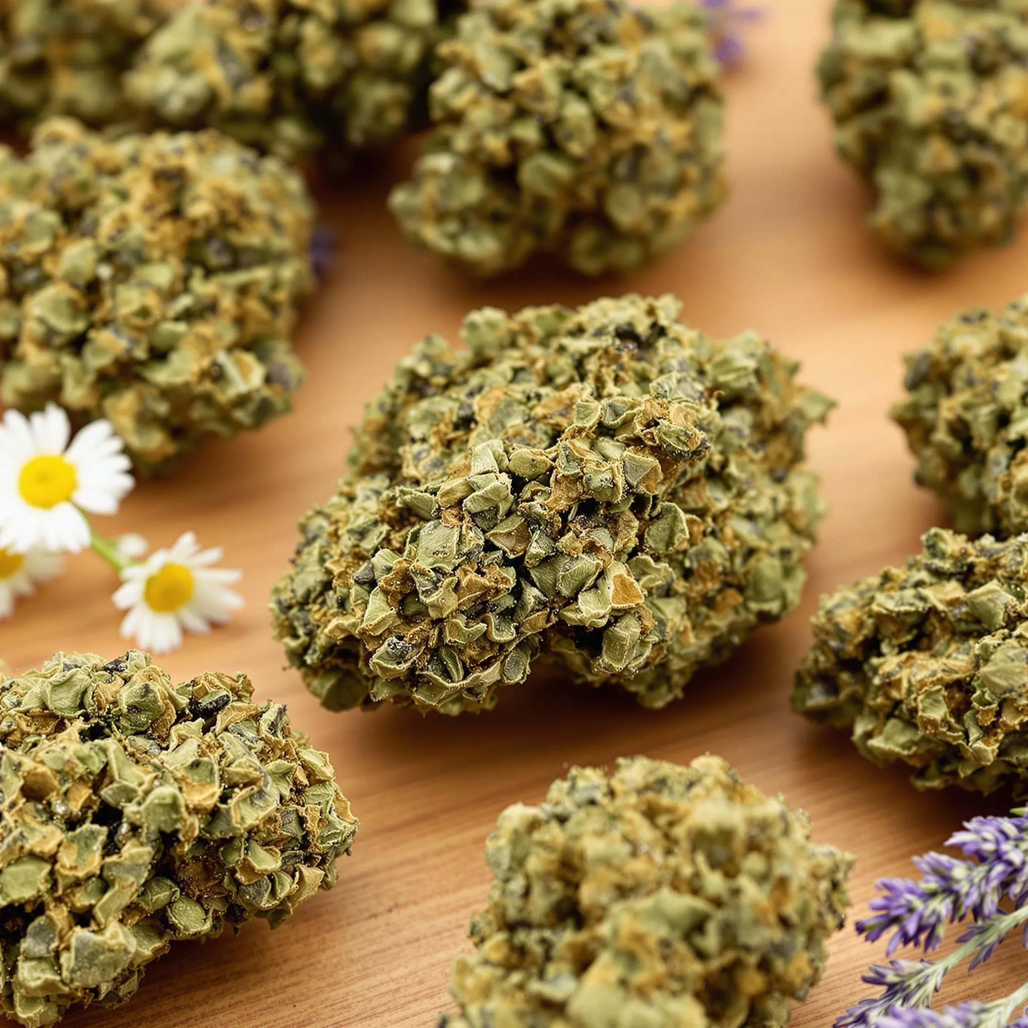 Close-up of CBD-dominant cannabis strains on a wood surface, labeled with CBD content, alongside calming herbs like lavender and chamomile.