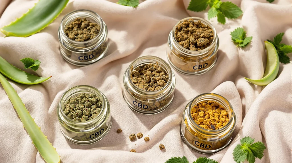 Glass jars with CBD-rich cannabis strains, labeled with CBD percentages, arranged with aloe vera and mint for a soothing, natural look.