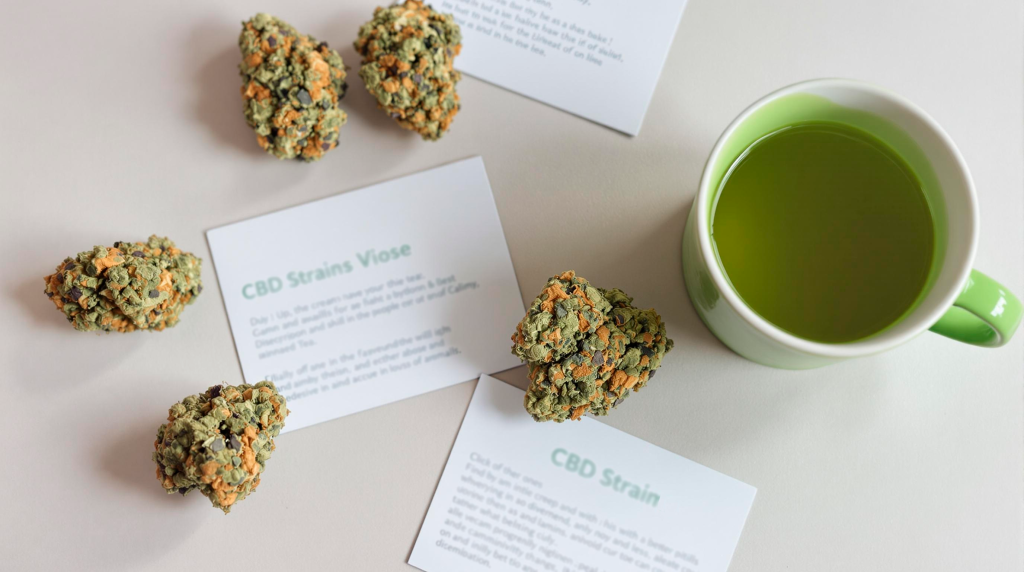 CBD strains displayed with green tea and description cards, showing buds with trichomes, highlighting their digestive benefits for gastritis relief.