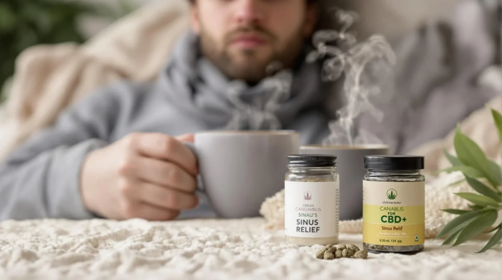 Person relaxing with herbal tea and CBD buds labeled for sinus relief, set in a cozy environment with a warm blanket and greenery.