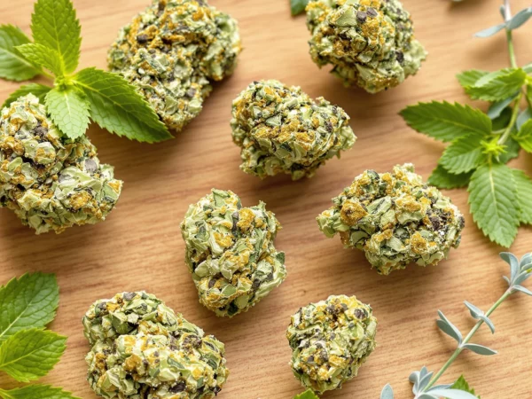 Close-up of CBD-rich strains for sinus relief, including CBD Therapy and Royal Medic, with fresh mint and eucalyptus for natural support.