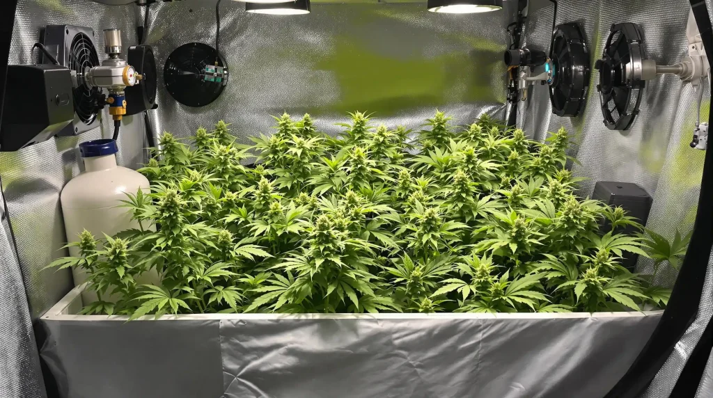 Compact grow tent with CO2 bags above cannabis plants, illustrating an easy CO2 for grow tent method for small-scale cannabis growers.