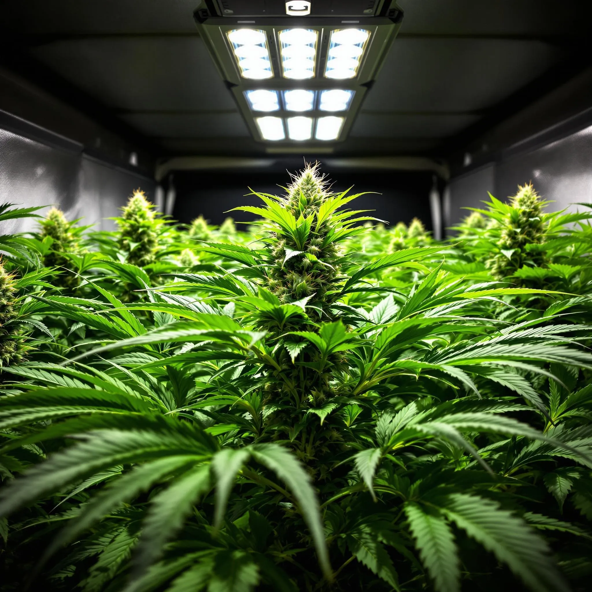 Close-up of a healthy cannabis plant inside a grow tent, showcasing the benefits of CO2 for grow tent to boost plant growth.