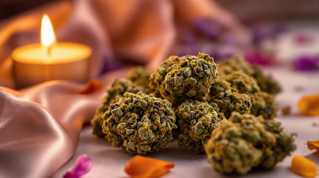 Close-up of colorful cannabis strains for sex on a soft surface with candlelight and floral accents, highlighting intimacy and sensory appeal.