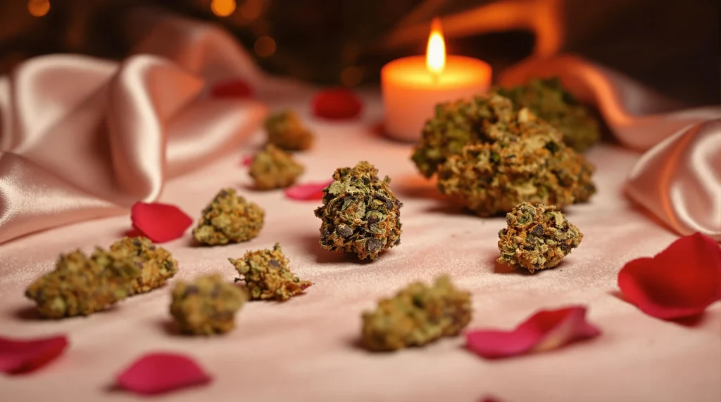 Intimate setting with cannabis strains for sex arranged with rose petals and a lit candle, highlighting romance and relaxation.