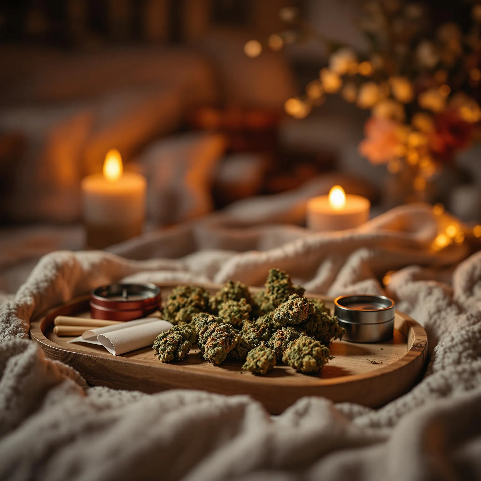 Intimate setting with Cannabis Strains for Sex, rolling accessories, and soft lighting, evoking relaxation and romantic ambiance.