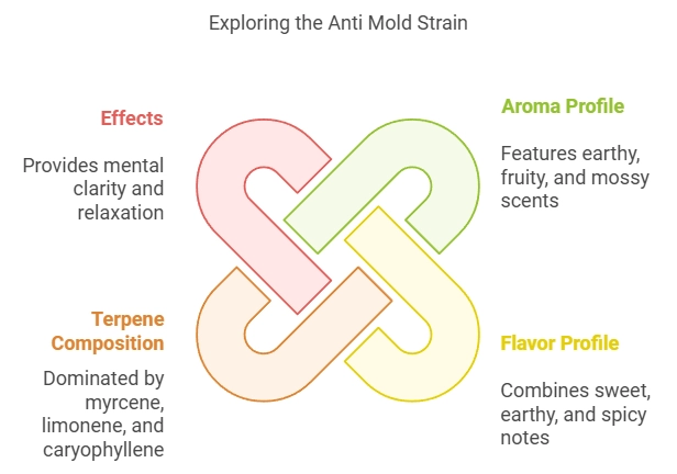 Infographic detailing the characteristics of the Anti Mold cannabis strain, including effects, aroma profile, terpene composition, and flavor profile.