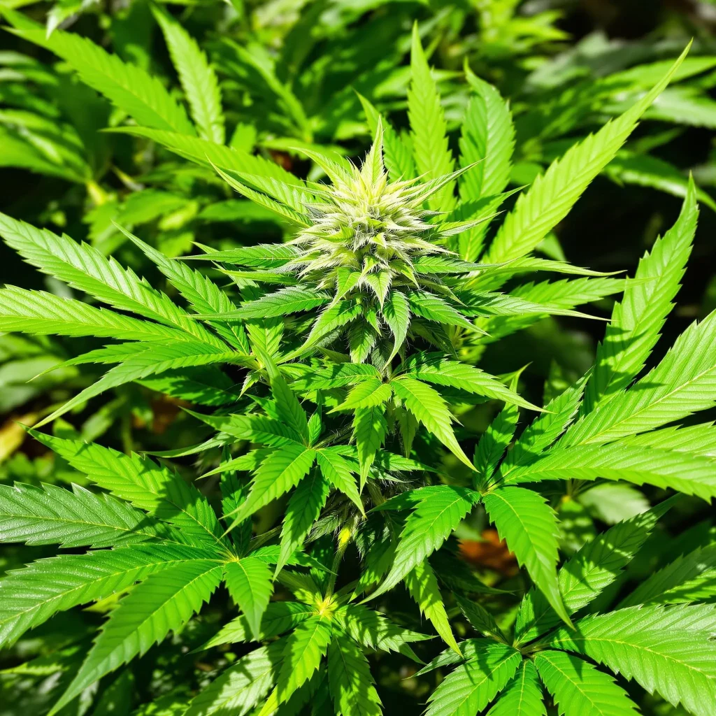 Close-up of a healthy cannabis plant with green leaves, showing the benefits of chelated iron for cannabis growth and leaf vitality.