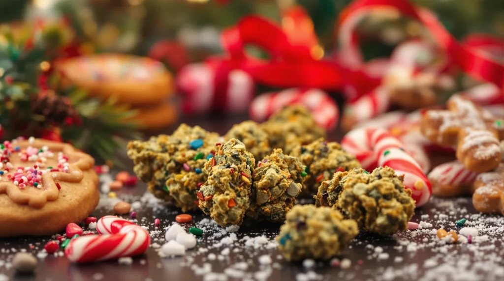 Bright cannabis buds paired with festive treats and decor, showcasing Christmas strains of weed in a cheerful setting.