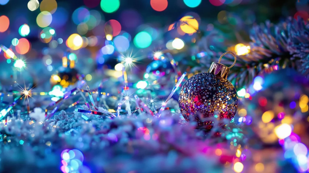 Twinkling holiday lights and colorful ornaments creating a dreamy festive vibe, ideal for Christmas movies for stoners.