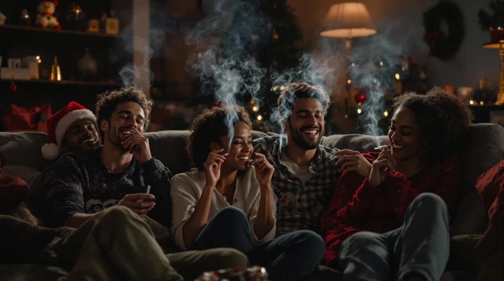 Group of friends relaxing on a couch surrounded by holiday decorations, enjoying Christmas movies for stoners.