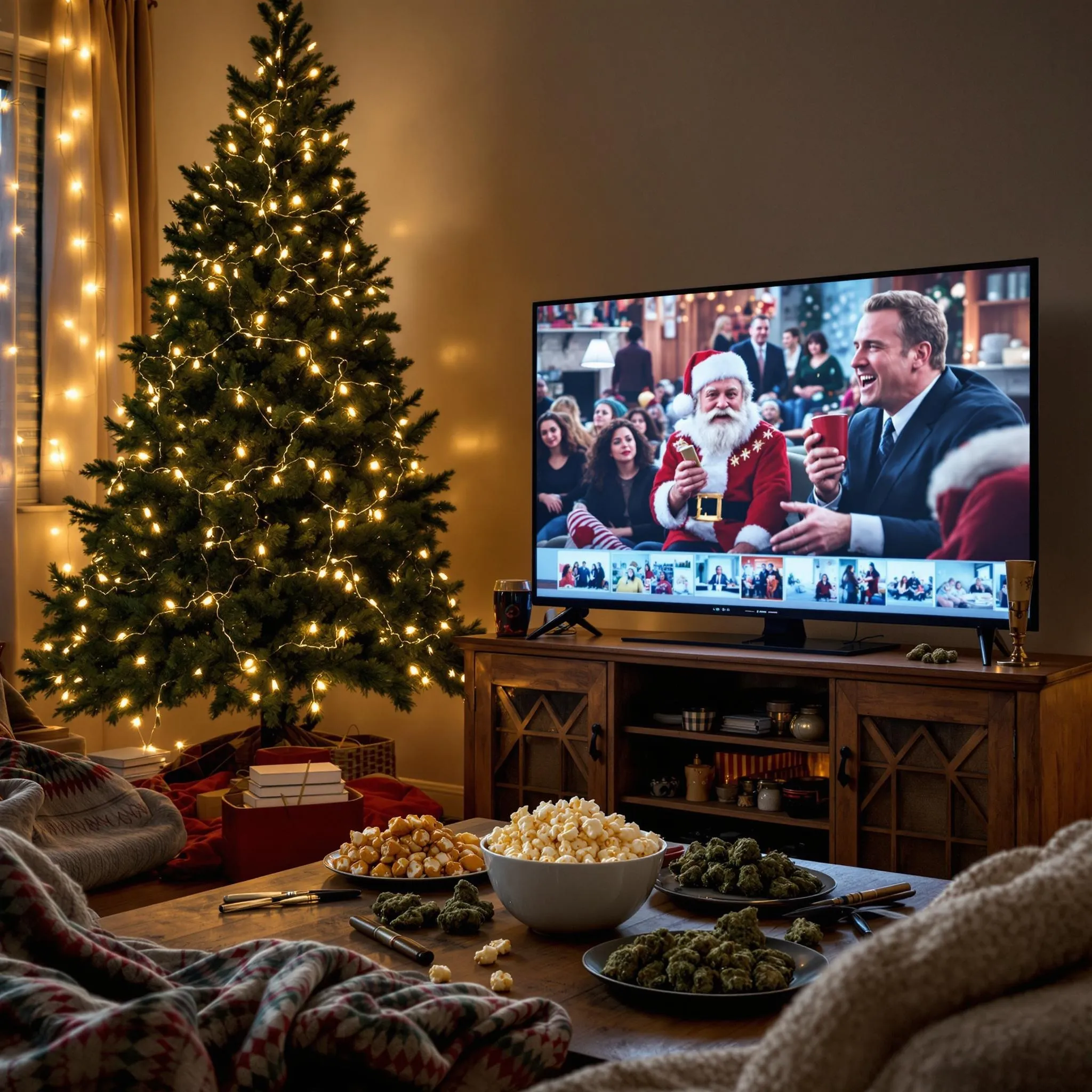 Cozy living room with a Christmas tree, festive lights, and a TV showing a holiday movie, perfect for Christmas movies for stoners.