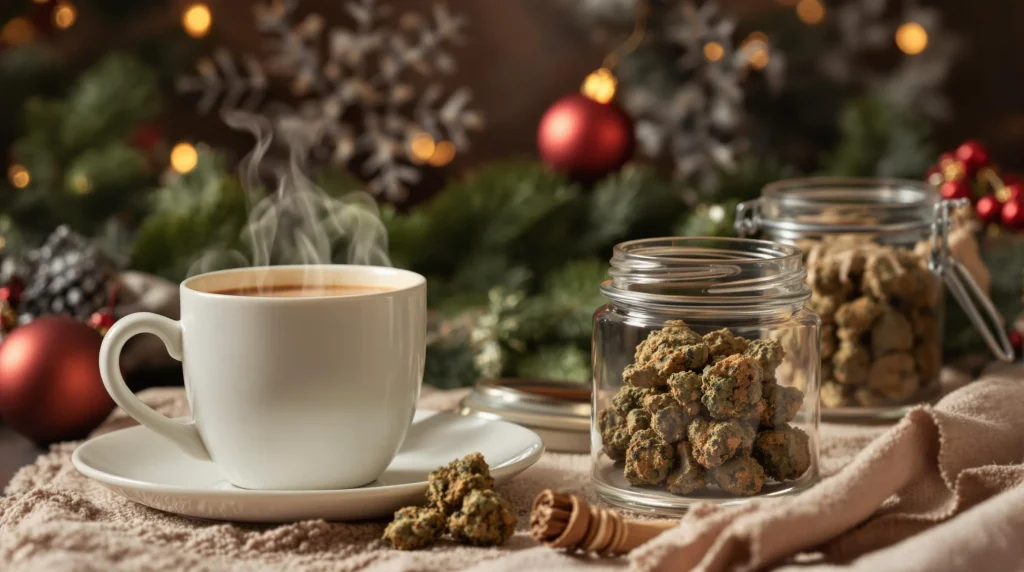 Cozy setup with a jar of Christmas strains of weed, hot chocolate, and holiday decorations in a warm ambiance.