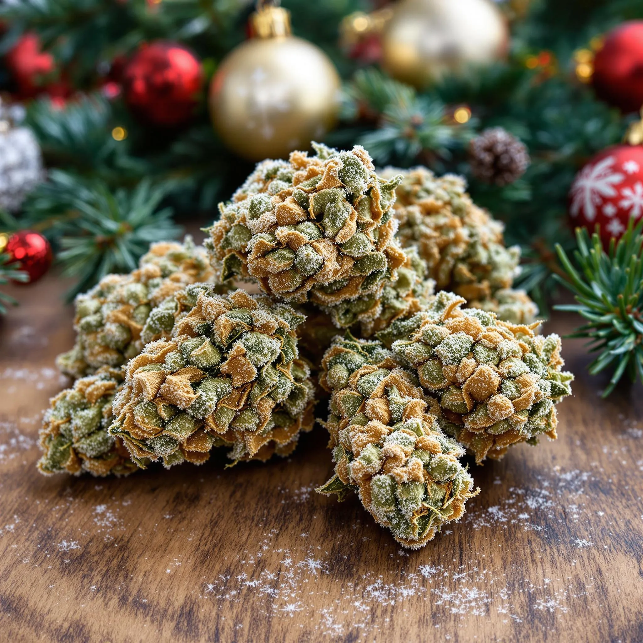 Frosty Christmas strains of weed displayed on a festive wooden table with holiday ornaments and pine branches