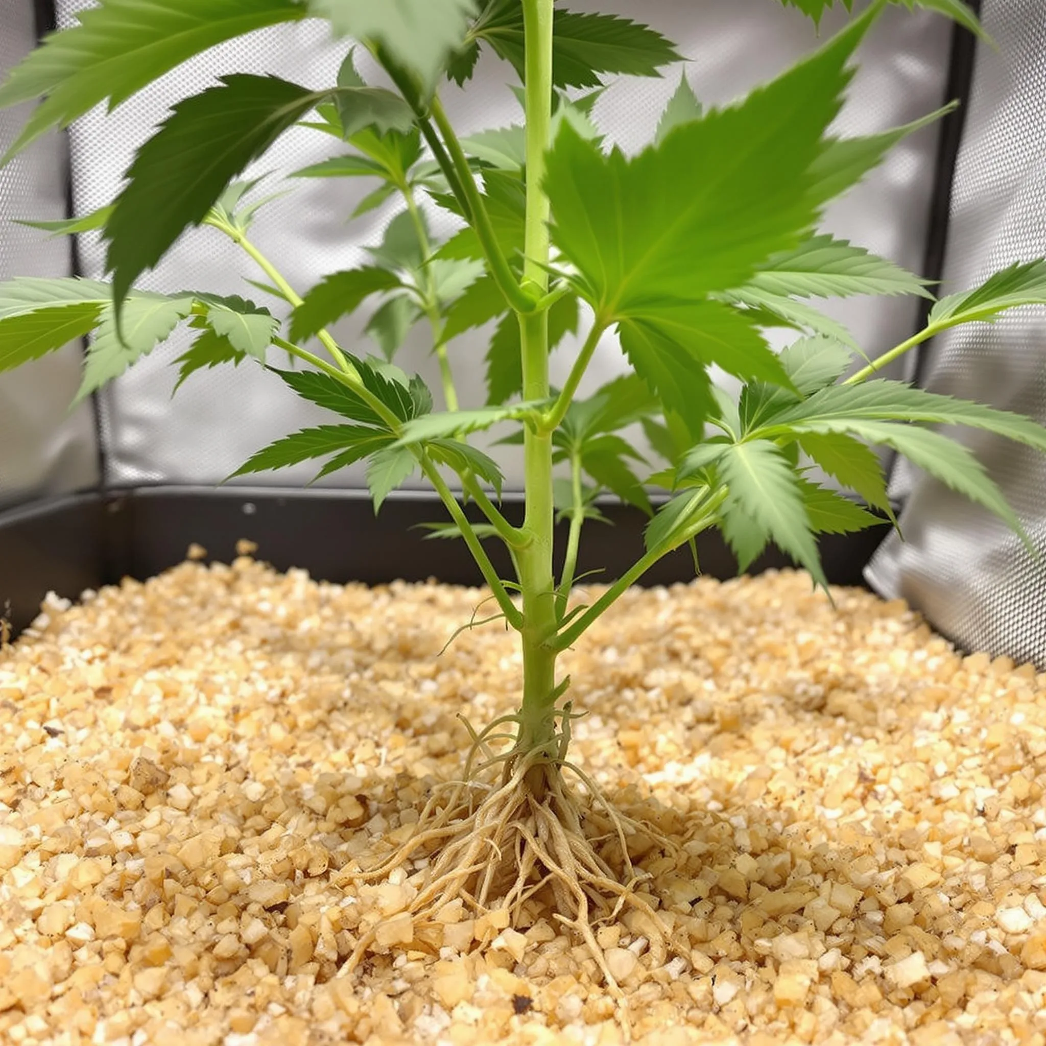 Close-up of cannabis plant roots in coco coir for growing weed, showing healthy growth with perlite for aeration.