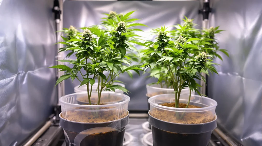 Indoor grow tent with cannabis plants thriving in coco coir for growing weed, showcasing moisture retention and root health.