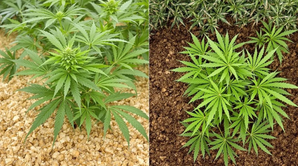 Comparison of cannabis plants in coco coir for growing weed versus traditional soil, highlighting better growth with coco coir.