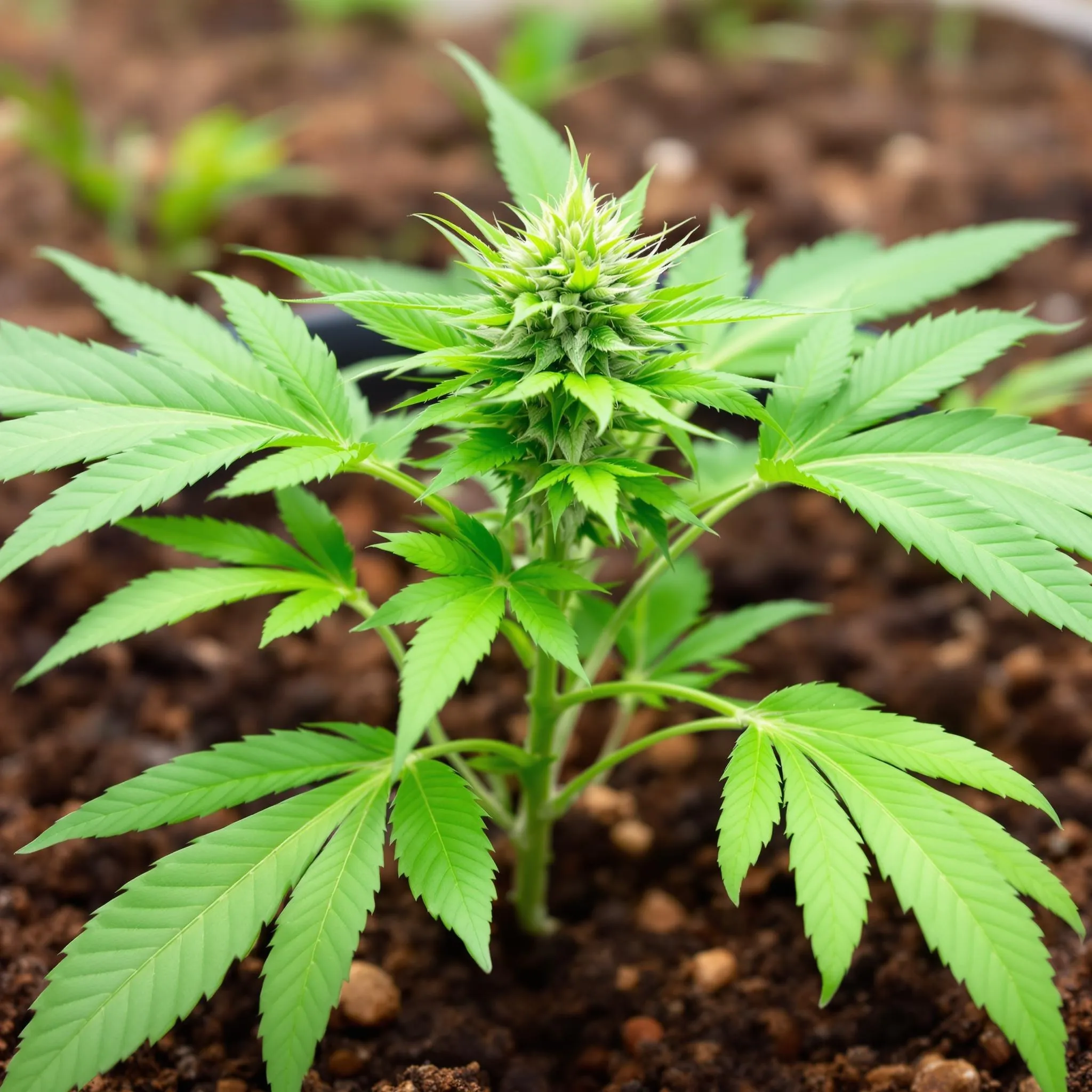 Healthy cannabis plant growing in soil enriched with coffee grounds for cannabis, showing lush green leaves and vibrant growth.