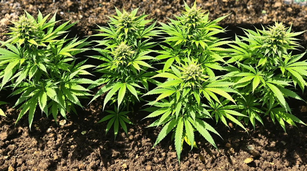 Cannabis plants flourishing in soil enhanced with coffee grounds for cannabis under natural sunlight.