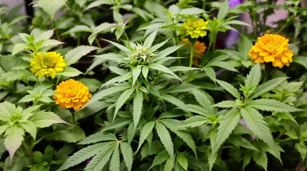 Cannabis plants in a grow tent with chamomile and rosemary, demonstrating companion plants for indoor growing to improve soil health.