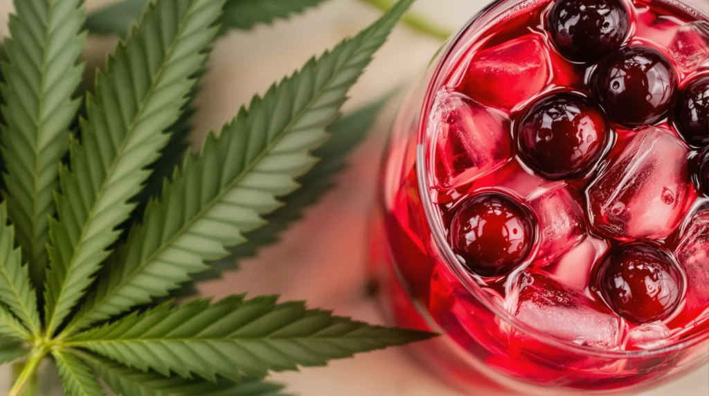 Cannabis leaf and a glass of cranberry juice for drug test detox, highlighting the connection between hydration and cleansing