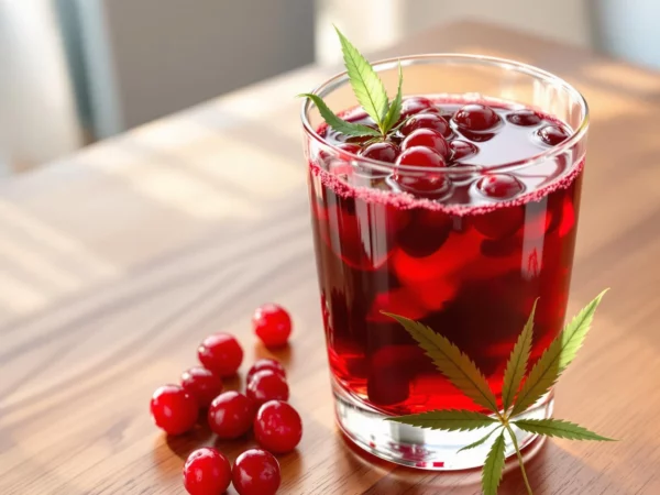 Glass of cranberry juice for drug test prep alongside fresh cranberries and a cannabis leaf on a rustic wooden table.