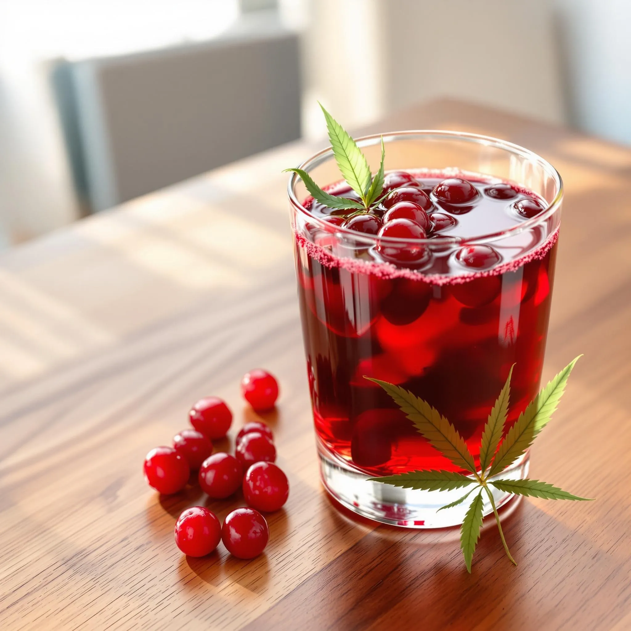 Glass of cranberry juice for drug test prep alongside fresh cranberries and a cannabis leaf on a rustic wooden table.