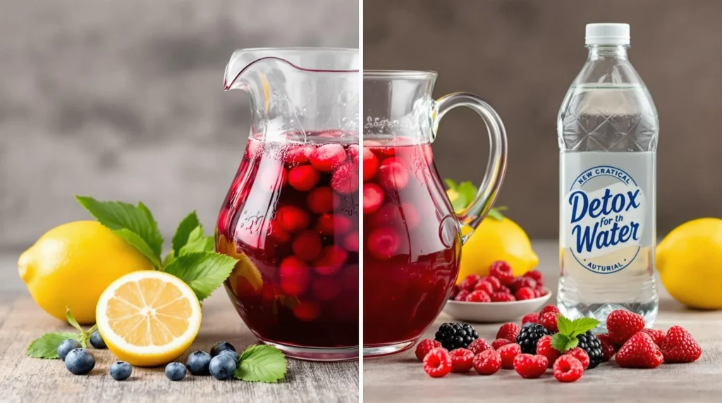 Pitcher of cranberry juice for drug test paired with fresh fruits and water, symbolizing natural detox methods.