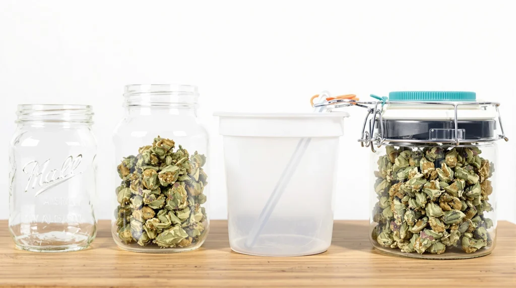 Different types of curing jars, including glass Mason jars, plastic containers, and specialized jars with hygrometers.