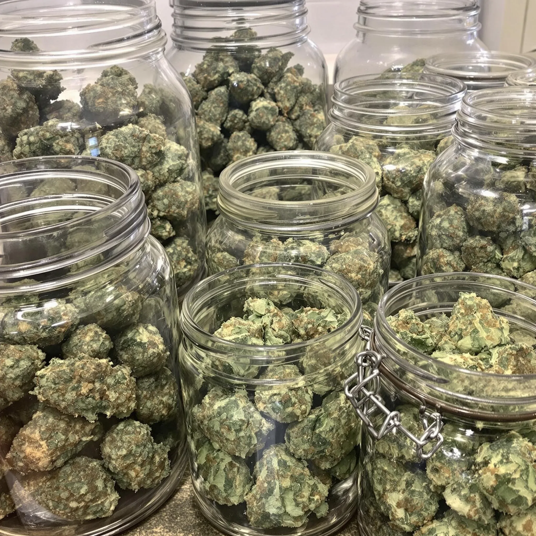 Glass curing jars filled with cannabis buds for proper storage.