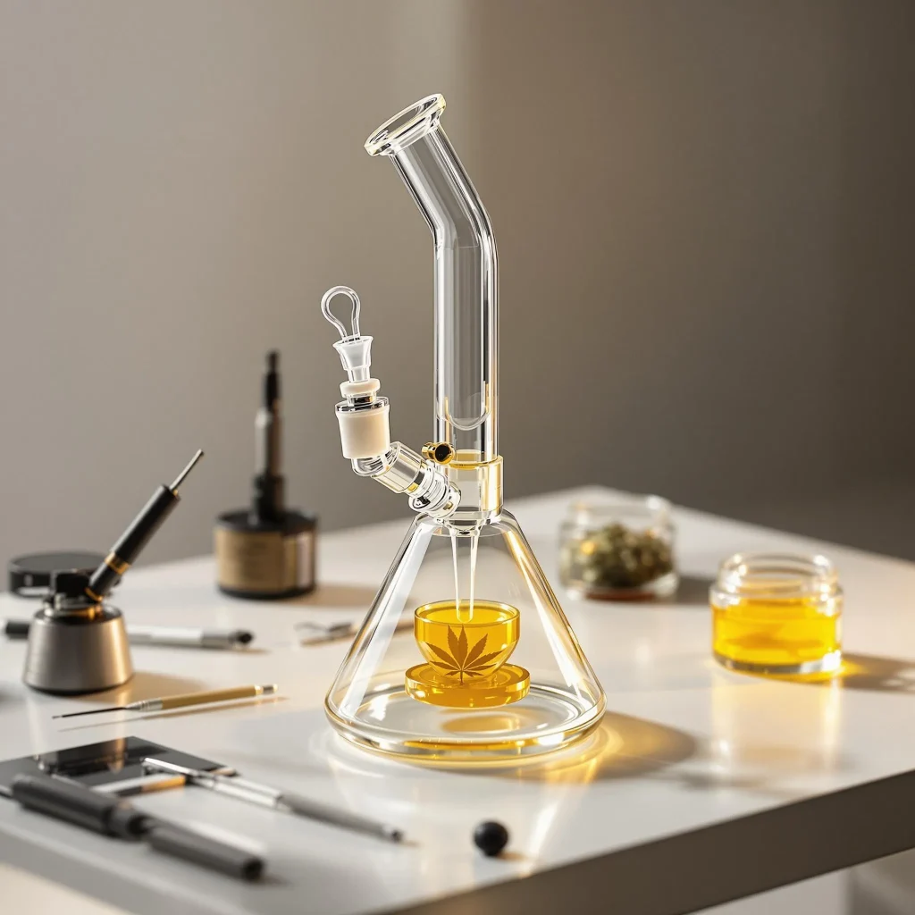 Close-up of a person heating a quartz banger on a dab rig with a torch, holding a dab for beginners tool with wax concentrate ready for use